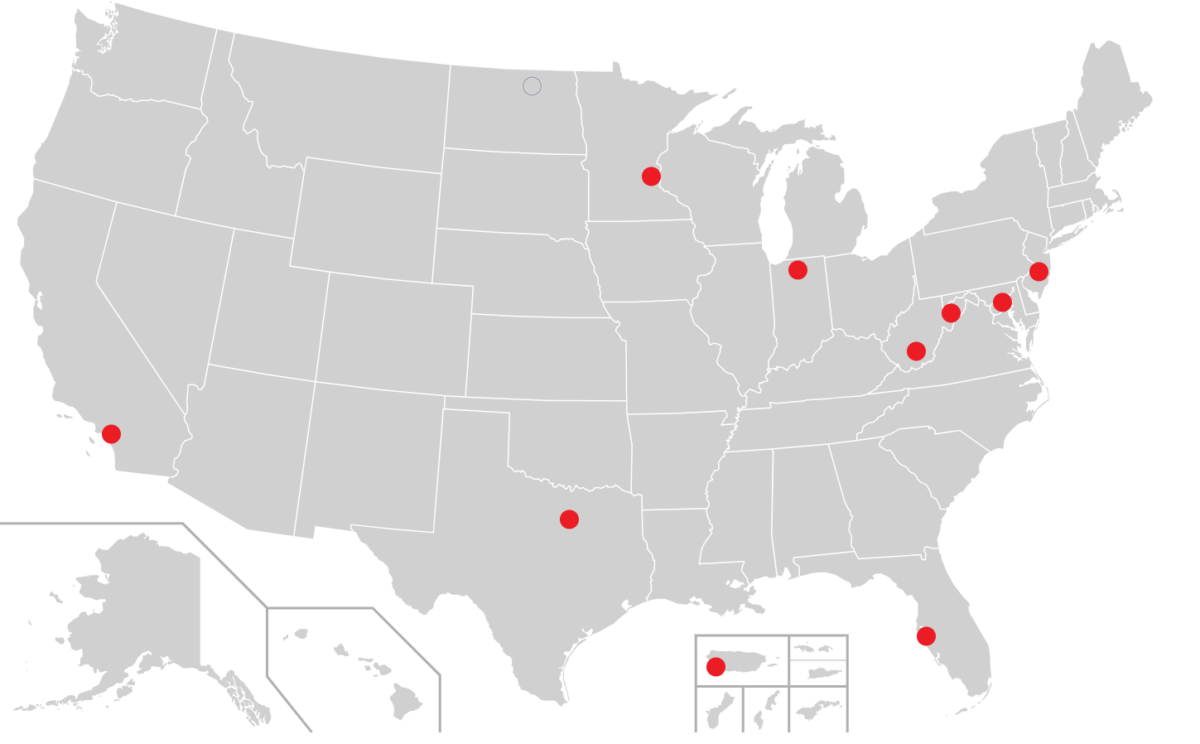 A map of the U.S. which shows red dots where participating educators were located throughout the NRAO and SpectrumX 2022-2023 pilot curriculum program.