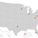 A map of the U.S. which shows red dots where participating educators were located throughout the NRAO and SpectrumX 2022-2023 pilot curriculum program.