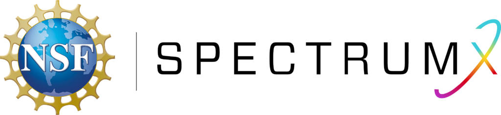 NSF SpectrumX logo lockup. The NSF logo--NSF in large, capital, serif letters on top of a blue globe on top of a golden web, appears on the left. On the right, separated from the NSF logo with a thin black line, is the SpectrumX logo, with "Spectrum" written in black, all capital, san serif letters followed by a stylized rainbow X.