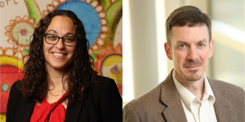 On the left, a headshot of a woman with dark curly hair, wearing glasses and a red shirt sits in front of a multicolored background. On the right, a man with short brown hair wearing a white collared shirt and brown suit jacket sits in front of bright windows.