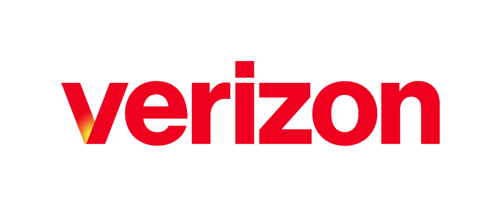 Verizon logo--"Verizon" written in lower case, bold red lettering. There is a small yellow "light" in the corner of the "v"